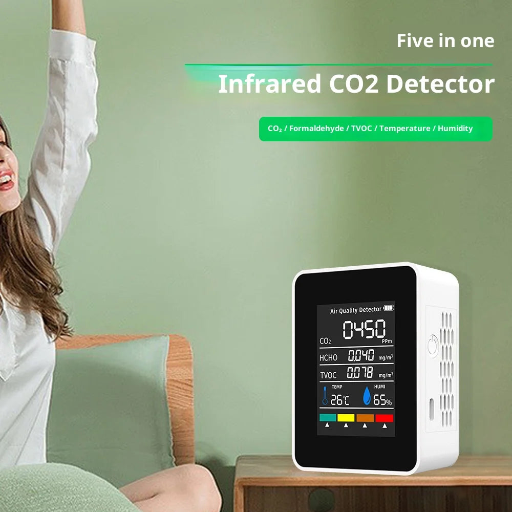 NEW HOT Multifunctional CO2 Meter 5 in 1 Digital Temperature and Humidity Tester Carbon Dioxide Detector TVOC HCHO